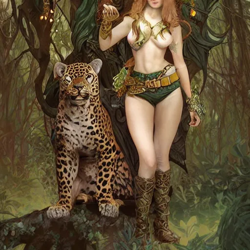 Image similar to An female elf ranger and her pet jaguar resting in the shade of a tree, D&D, fantasy, intricate, highly detailed, digital painting, artstation, WLOP, Artgerm, Alphonse Mucha