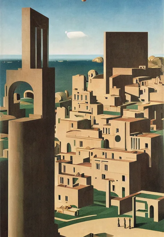 Prompt: [Poster of a brutalism in a stunning landscape by Giorgio de Chirico, Rene Magritte, George Tooker, Titian]