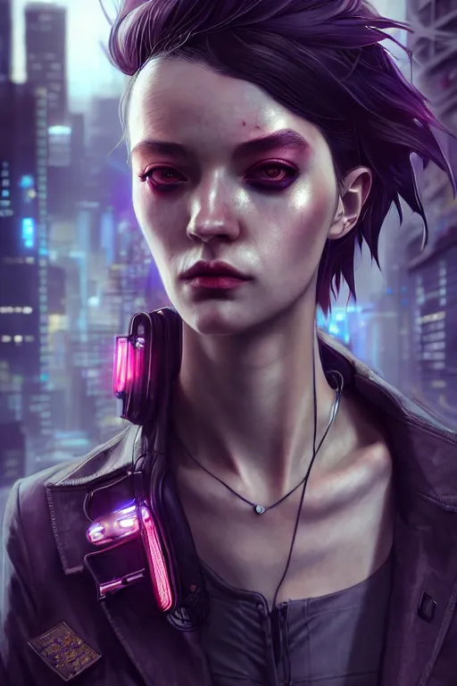 Image similar to hyperdetailed close portrait of a european woman in a worn out suit in a cyberpunk city inspired by ross tran and wlop and masamune shirow and kuvshinov, concept art, intricate, photorealistic, octane render, rtx, hdr, unreal engine, dnd digital art by artgerm