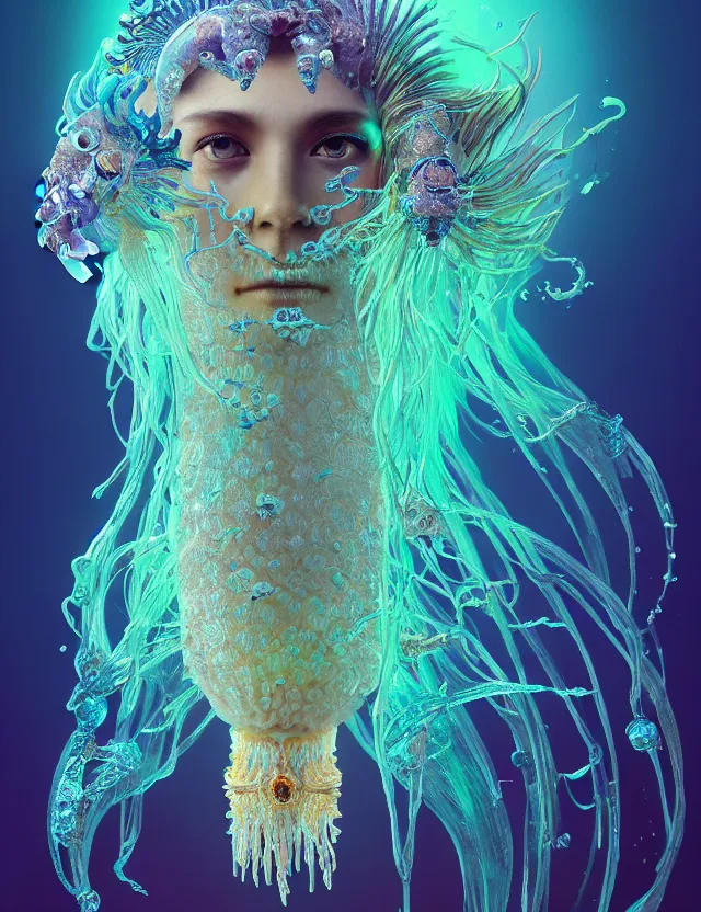 Image similar to goddess macro shouler portrait from bottom to top in crown made of ram skull. betta fish, jellyfish phoenix, bioluminiscent, plasma, ice, water, wind, creature, super intricate ornaments artwork by tooth wu and wlop and beeple and greg rutkowski and alexander fedosav