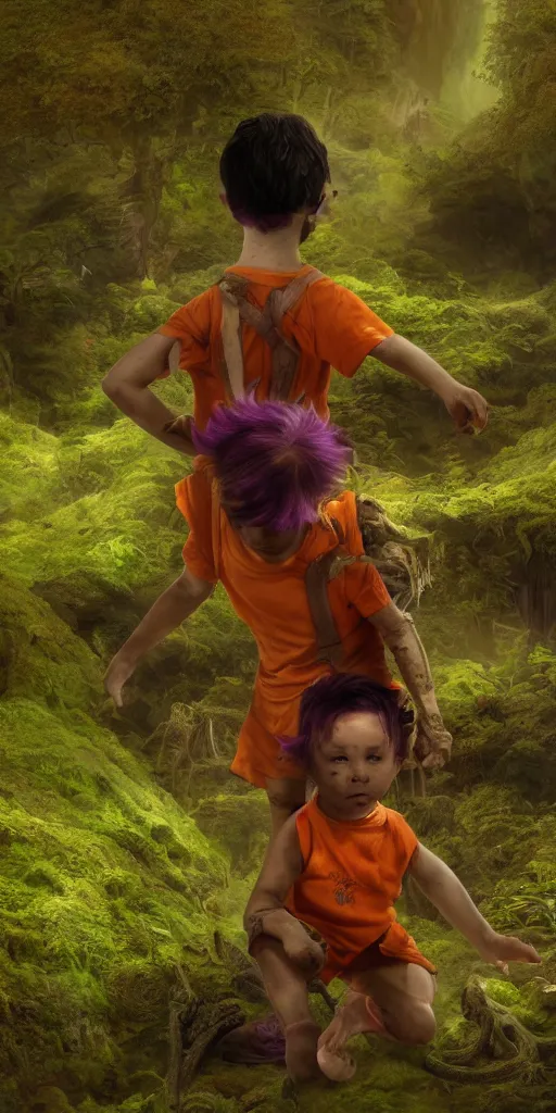 Prompt: little boy with a headband and purple hair, wearing an orange and white striped outfit, surrounded by a green forrest, moody , lovecraft, giger, ridley scott, zack snyder, Fenghua Zhong, realistic cinematic lighting, establishing action shot, ultra detailed, hyper realism, photo, octane render