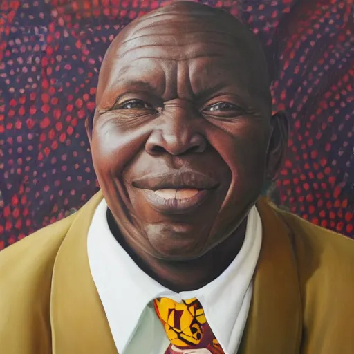 Prompt: a painting of a round face, XXL , smiley, Loving, caring, generous, ever-present, humble, wise elder from Kenya in a suit by Kehinde Wiley . Fatherly/daddy, focused, loving, leader, relaxed,. ethereal lights, details, smooth, sharp focus, illustration, realistic, cinematic, artstation, award winning, rgb , unreal engine, octane render, cinematic light, macro, depth of field, blur, red light and clouds from the back, highly detailed epic cinematic concept art CG render made in Maya, Blender and Photoshop, octane render, excellent composition, dynamic dramatic cinematic lighting, aesthetic, very inspirational, arthouse.
