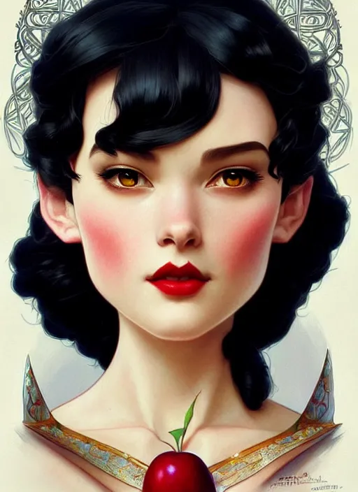 Image similar to disney snow white, intricate, elegant, highly detailed, my rendition, digital painting, artstation, concept art, smooth, sharp focus, illustration, art by artgerm and greg rutkowski and alphonse mucha and uang guangjian and gil elvgren and sachin teng, symmetry!!