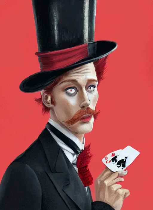 Prompt: a highly detailed illustration of stylish top hat wearing red haired attractive man, wearing suit vest, flashy leaning back holding playing cards pose, intricate, elegant, highly detailed, centered, digital painting, artstation, concept art, smooth, sharp focus, league of legends concept art, WLOP