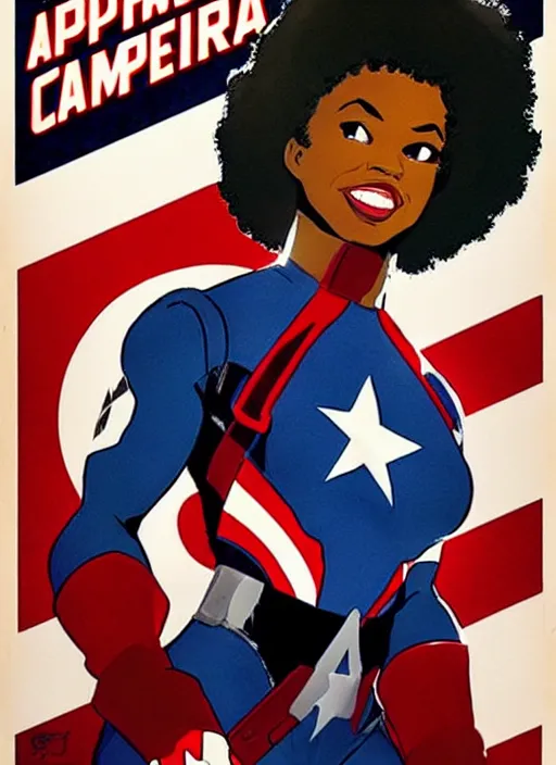 Image similar to beautiful black female captain america. afro - feminist captain america wins wwii. american wwii propaganda poster by james gurney, rob liefeld and pixar. gorgeous face. overwatch, realistic. black power