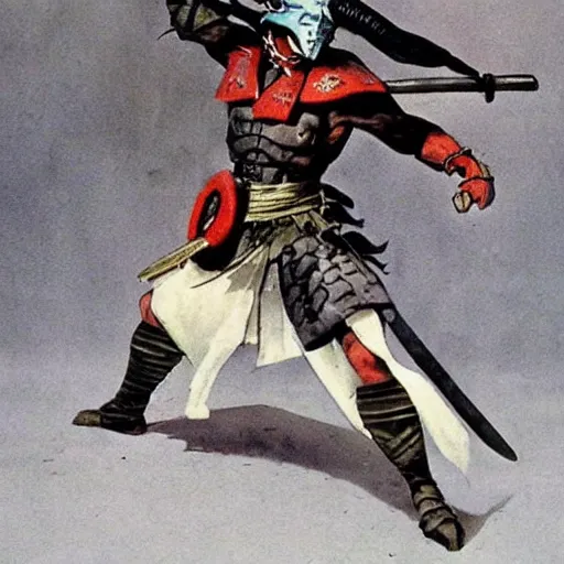 Prompt: a dark samurai painted by Frank Frazetta