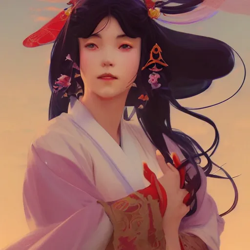 Prompt: shrine maiden miko, digital painting, artstation, concept art, smooth, sharp focus, illustration, art by artgerm and greg rutkowski, alphonse mucha, ross tran, boris vallejo, george doutsiopoulos