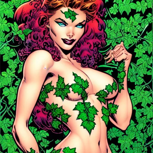 Prompt: Poison Ivy, comic portrait by J Scott Campbell, intricate details, vintage comic book cover scan