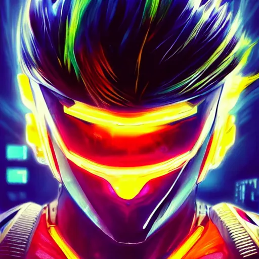 Image similar to a portrait of a neon cyberpunk goku in a racing helment by sandra chevrier, detailed render, epic composition, cybernetics, 4 k realistic, cryengine, realistic shaded lighting, sharp focus, masterpiece, by matteo scalera, gary montalbano, peter elson in the style of the tokyo ghost comic