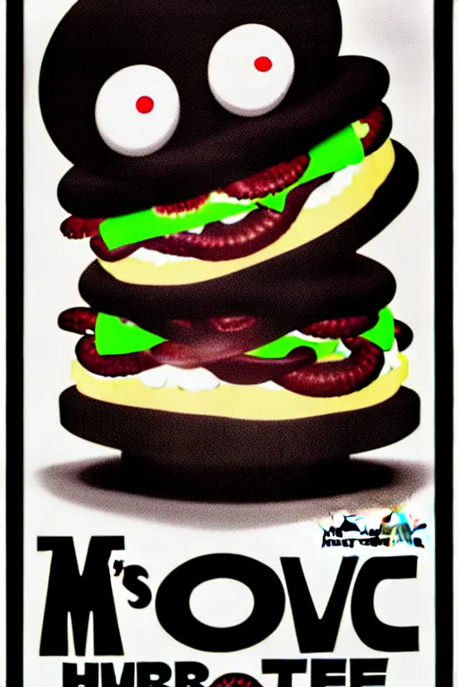 Image similar to mcdonald's horror retro tv advertisement poster, nightmare, big burger surrounded by worms, black and white, ultra realistic, 4 k, digital art, cinematic style of david kronenberg