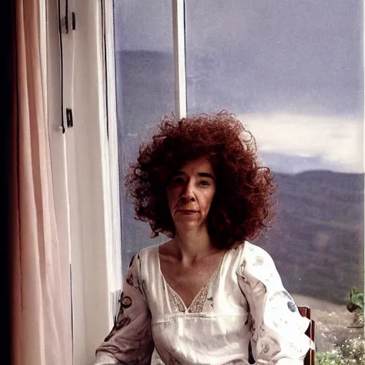 Image similar to A beautiful body art of of a woman with long curly hair, wearing a white dress and sitting in a chair in front of a window with a view of a mountainside. Tove Jansson by William Wegman harrowing