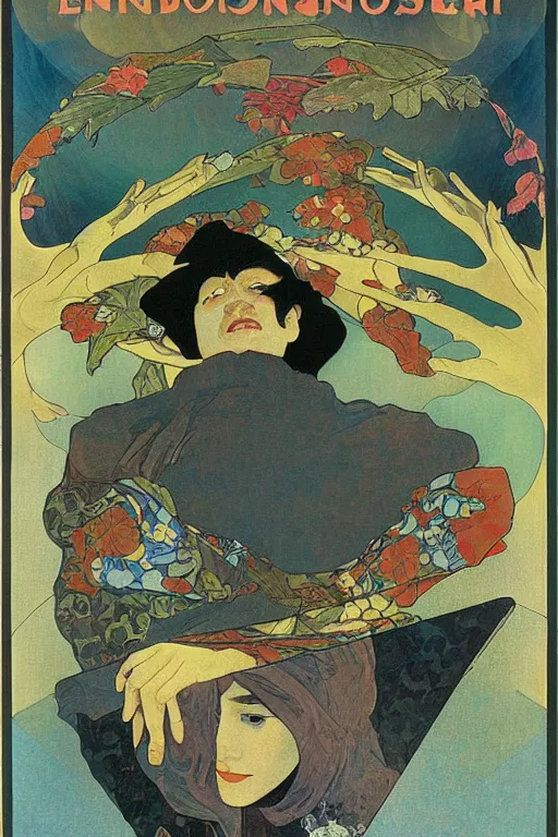 Image similar to The lonely stoner seems to free his mind at night, by Tadanori Yokoo, Alphonse Mucha, Hannah Hoch