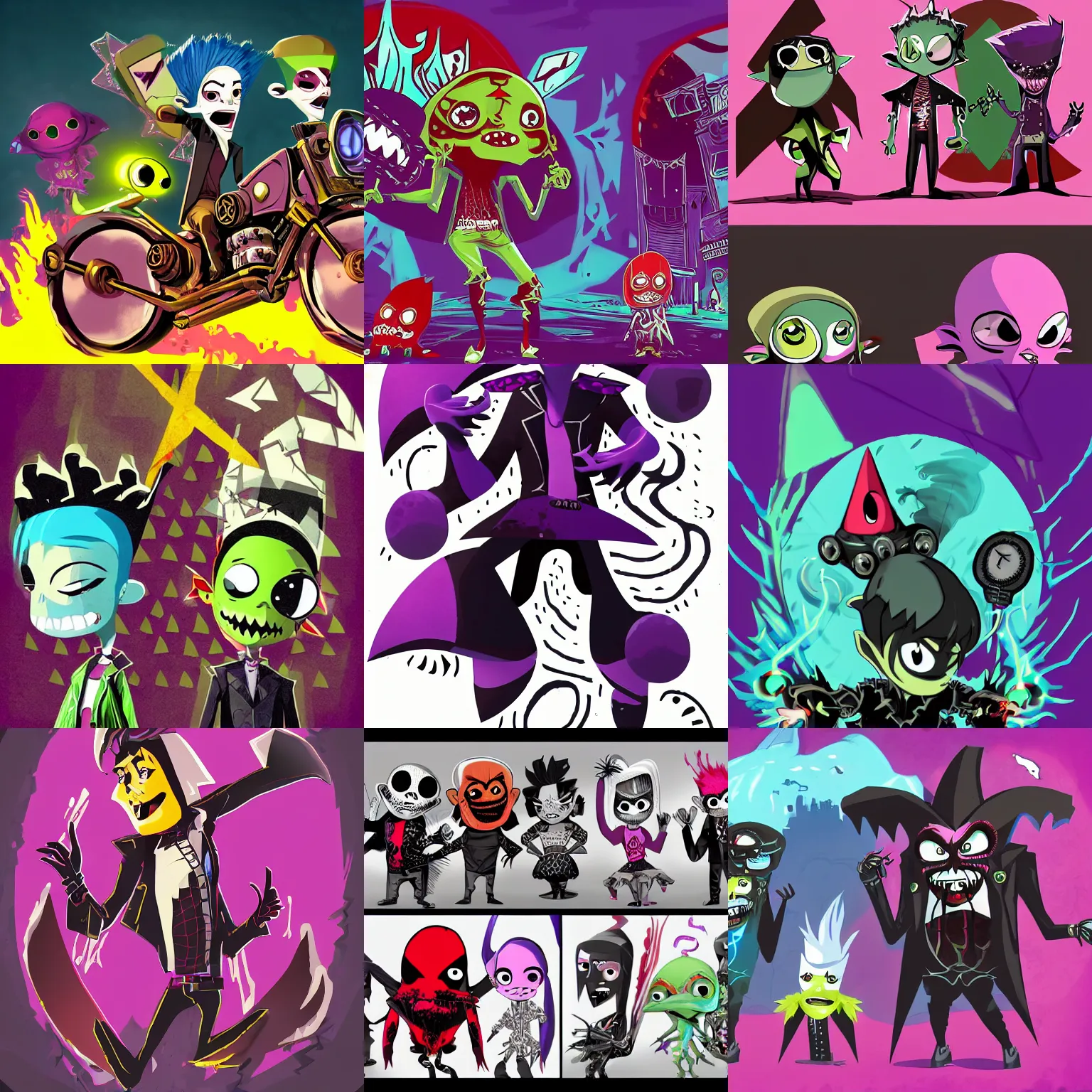 Prompt: psychic punk rocker vampiric electrifying rockstar vampire fish concept art for character designs of various shapes and sizes as well as backgrounds and vehicles by genndy tartakovsky and splatoon by nintendo and the psychonauts franchise by doublefine tim shafer artists for the new hotel transylvania film