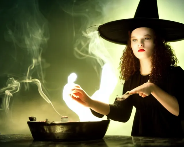 Prompt: close up portrait, dramatic lighting, calm confident teen witch and her cat mixing a spell in a cauldron, a little smoke fills the air, a witch hat, cinematic, a little green smoke is coming out of the cauldron, ingredients on the table, apothecary shelves in the background, still from nickelodeon show