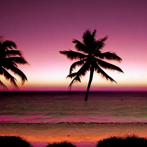 Prompt: on a beach, a dark night, faded purple light streak across the sky coming from the left down to the right, 2 skinny shadow palm trees stand in front of the purple glow in the sky, high detail