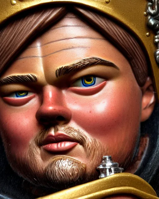 Image similar to highly detailed closeup, face profile portrait of a tin toy leonardo dicaprio as a medieval demon eating cakes in a castle, hyper realistic, artstation, illustration, nicoletta ceccoli, mark ryden, lostfish, dan decarlo, bob clampett, max fleischer, digital paint, matte paint, vivid colors, detailed and intricate environment