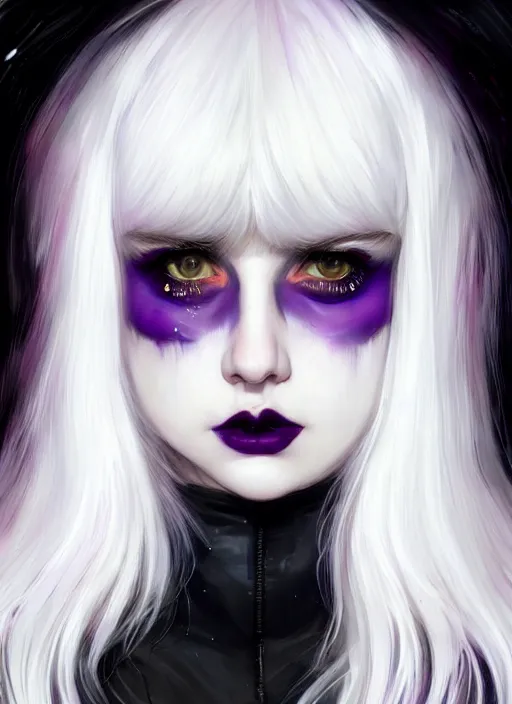 Image similar to portrait of white teenage girl, normal face, white bangs, mall goth, cyberlox, black and white hair, bangs, fluffy bangs, red contact lenses, purple lipstick, intricate, elegant, highly detailed, digital painting, artstation, concept art, sharp focus, smooth, illustration, art by wlop, mars ravelo and greg rutkowski