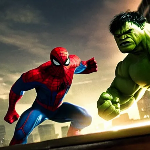 Image similar to the hulk fighting against spider-man in a bar, photorealistic, high detail, cinematic