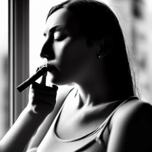 Image similar to black and white photography of highly detailed beautiful depressed Woman with detailed face in the heroine chique style standing by the window and smoking a cigarette with beautiful hand Rendered in Blender and Octane Render volumetric natural light