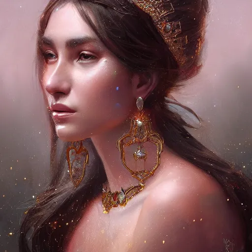 Prompt: a beautiful portrait of a gem goddess with glittering skin, a detailed painting by greg rutkowski and raymond swanland, featured on cgsociety, fantasy art, detailed painting, artstation hd, photorealistic