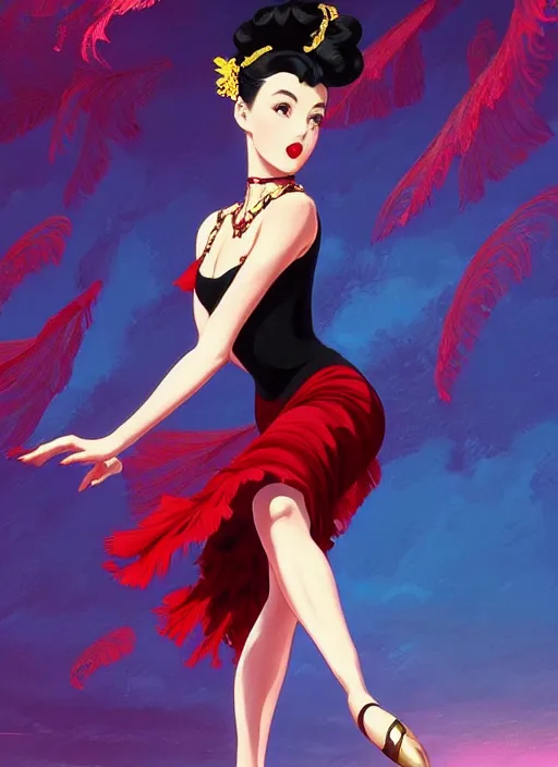 Image similar to a beautiful dancer with black hair in 1940's fashion, ballroom background, intricate, highly detailed, digital painting, artstation, official media, anime key visual, concept art, rich vivid colors, ambient lighting, sharp focus, illustration, art by Artgerm, Makoto Shinkai, Ilya Kuvshinov, Lois Van Baarle, and Rossdraws