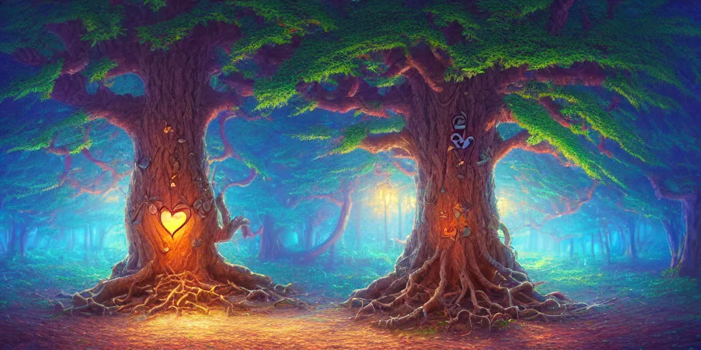 Prompt: beautiful oil painting of a detailed fantasy tree with heart carved in the trunk, painted by mike winkelmann, makoto shinkai,thomas kinkade, colorful, 4k,Trending on artstation