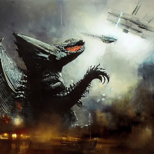 Image similar to godzilla vs mothra by jeremy mann