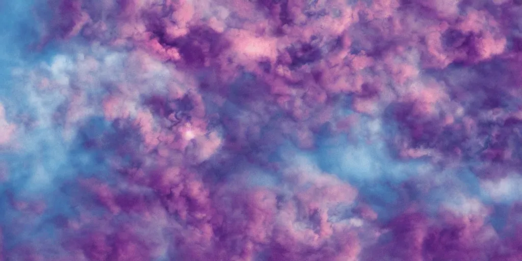 Image similar to a hyper - real psychedelic planet fill with pink clouds, blue hills and purple forests