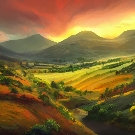 Image similar to A vast green landscape with a river running through it, a small village in the distance and a few mountains in the background. The sun is setting and the sky is ablaze with oranges, reds and yellows. A beautiful, serene and peaceful scene, digital painting, 4k, concept art, artstation, matte painting, by Yuji Kaneko