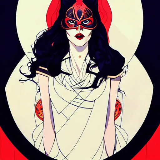 Image similar to Joshua Middleton comic art, wide shot, stunning elegant female Eva Green, kabuki mask, beautiful evil sneer, symmetrical face, symmetrical eyes, leather clothing and boots, long straight red hair, full body, Indigo occult pattern