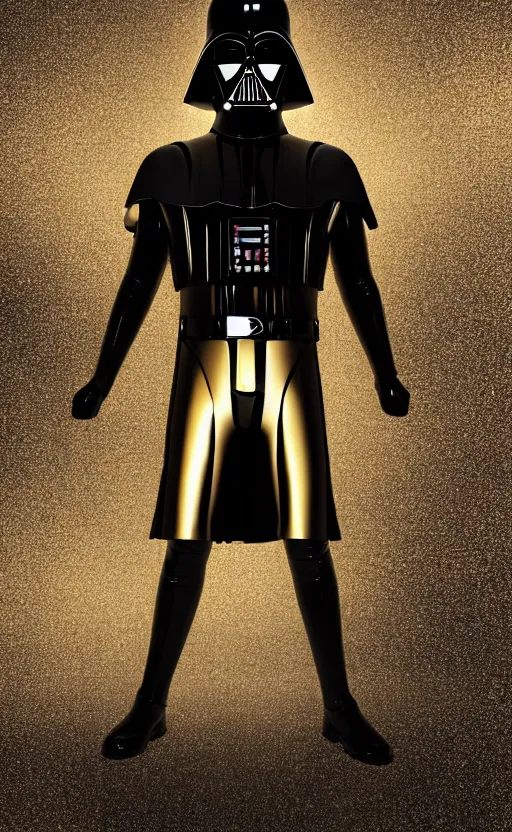 Prompt: A phone wallpaper of a full body golden Darth Vader suit in a black room, studio lighting,