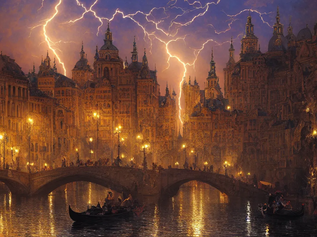 Image similar to a view from the river a city resembling prague, paris, and venice at night with a sky full of lightning, intricate, elegant, highly detailed, digital painting, artstation, concept art, smooth, sharp focus, colored illustration for tattoo, art by thomas kincade, krenz cushart and artem demura and alphonse mucha,