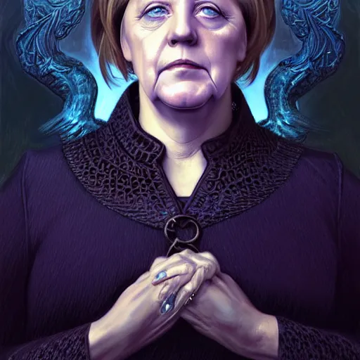 Prompt: Portrait of Angela Merkel with beard, D&D, blue eyes, face, !dark fantasy!, intricate, elegant, highly detailed, digital painting, artstation, concept art, smooth, sharp focus, illustration, art by artgerm and greg rutkowski and alphonse mucha