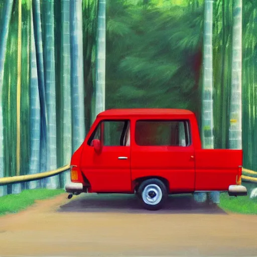 Image similar to a red daihatsu delta truck parked in the apex of a curve with the road surrounded by a canopy of bamboo trees, the shadows of the leaves are proyected onto the road painting by edward hopper