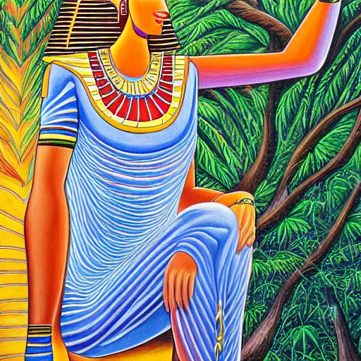 Prompt: painting of a peaceful Egyptian pharaoh relaxing under a tree by alex grey, acrylic art, calm, soothing, cosy, elegant, soft light,