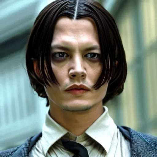 Image similar to Film Still of a Young Adult Johnny Depp playing Tom Riddle in Harry Potter, Film Still, realistic, hyperrealistic, very realistic, very very realistic, highly detailed, very detailed, extremely detailed, detailed, detailed face, very detailed face, very detailed face, realism, HD Quality, 8k resolution, intricate details, body and head in frame, Real Life