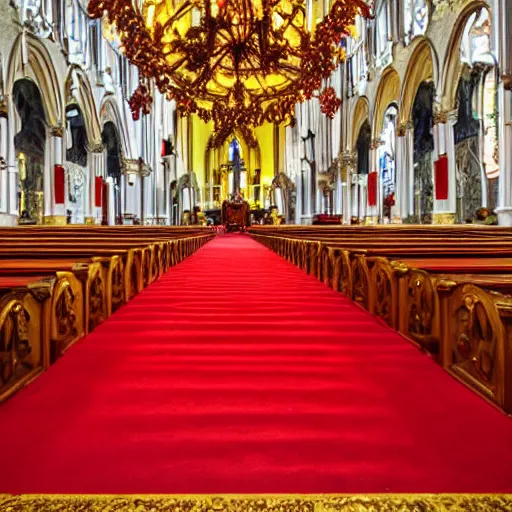 Image similar to a church with a red carpet and chandeliers, a colorized photo by pacita abad, shutterstock contest winner, baroque, sanctuary, ornate, colorized