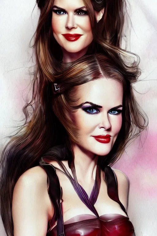 Image similar to mix of beautiful young maria shriver, mariel hemmingway, brooke shields, nicole kidman and elle macpherson as a dominatrix, thin lips, hair tied up in a pony tail, dark blonde hair, colorful, deviantart, artstation, cgsociety