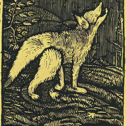 Prompt: humanoid fox doing fieldwork, woodcut