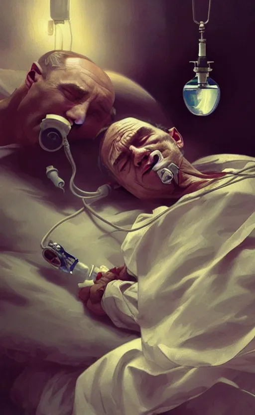 Image similar to Putin sleeps with oxygen mask on a death bed, intricate, portrait, miserable, highly detailed, digital painting, artstation, concept art, smooth, sharp focus, illustration, cinematic lighting, art by artgerm and greg rutkowski and alphonse mucha