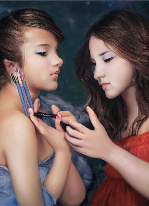 Image similar to a beautiful detailed photo of two girls painting each other, realistic, f 8, 4 k hd wallpaper