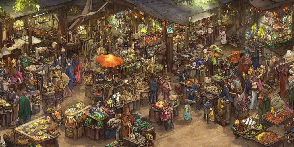 Image similar to an image of a bustling elven marketplace in the genre of dungeons and dragons