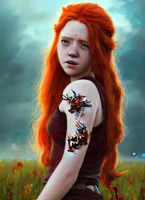 Image similar to An epic fantasy comic book style portrait painting of a young red headed girl with a small golden bee tattoo on her shoulder in a field of flowers , unreal 5, DAZ, hyperrealistic, octane render, cosplay, RPG portrait, dynamic lighting