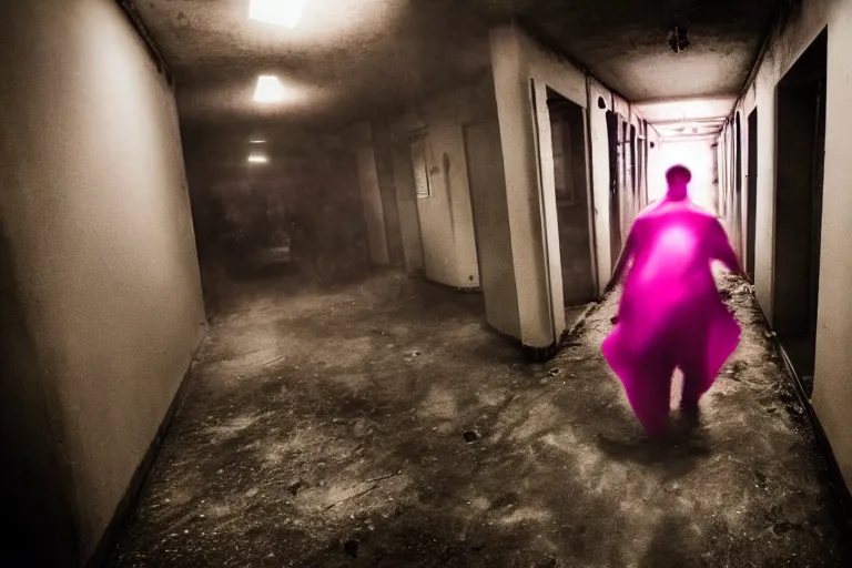 Prompt: batman wearing pink apron wielding an axe, chasing through old brown decrepit hallway, running toward camera, creepy smile, atmospheric eerie lighting, dim lighting, bodycam footage, motion blur, photograph