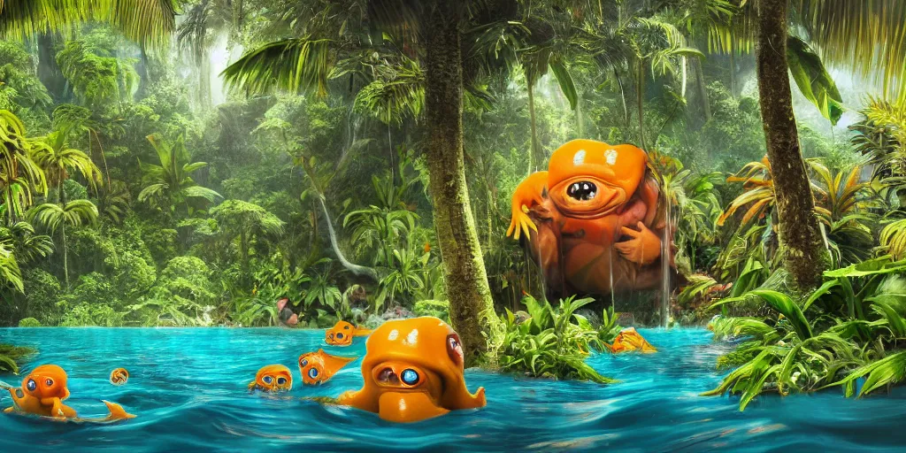 Image similar to of a tropical rainforest lake with strange cute friendly happy creatures with huge eyes, mouth, long tongue, round teeth and goofy face, appearing from the water, in the style of gehry and gaudi, macro lens, shallow depth of field, ultra detailed, digital painting, trending artstation, concept art, illustration, cinematic lighting, photorealism, epic, octane render