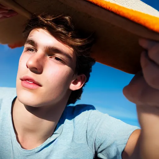Image similar to beautiful teenage boy, around 22 yo, natural brown hair sitting on a deckchair on the beach. Detailed face, blue sky. Award winning photograph.