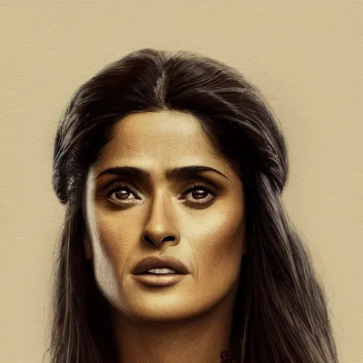 Image similar to portrait, Salma Hayek , barbarian , face portrait, raphael lacoste, eddie mendoza, alex ross, concept art, matte painting, highly detailed, rule of thirds, dynamic lighting, cinematic, detailed, denoised, centred