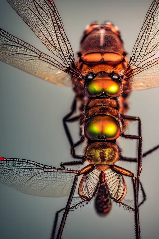 Image similar to a macro photo of a dragonfly, dynamic pose, extreme close - up, intricate details, intricately detailed wings and compound eyes, intricate textures, warm lighting, vivid colors, smoke and mist, realistic octane render, hyper realistic render, volumetric shading, depth of field, raytracing, 8 k,