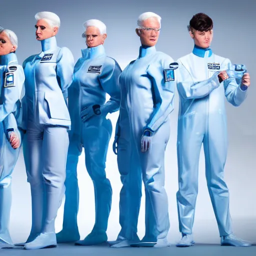 Image similar to troop of identical athletic humans with white hair wearing tight light blue latex suits, in formation, futuristic chemistry lab, sci - fi, highly detailed, hyperrealistic