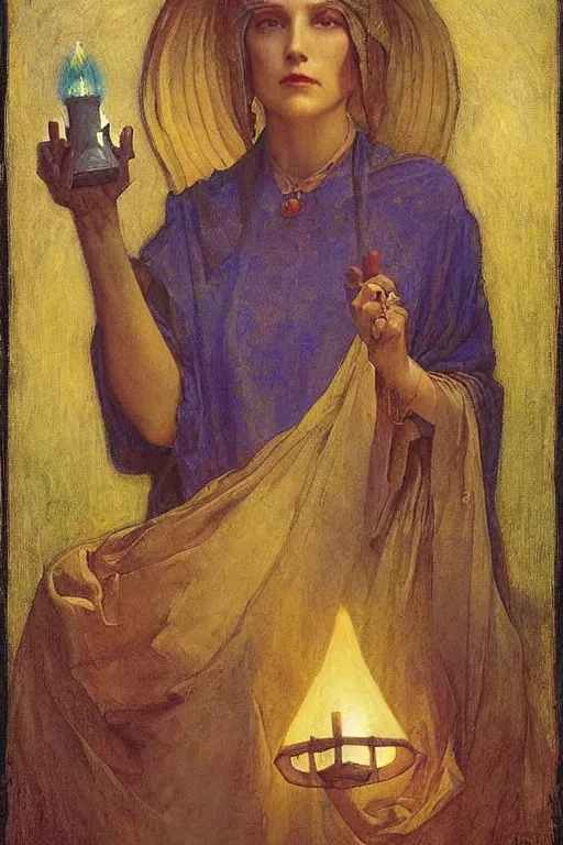 Image similar to queen of the fog with her lantern by Annie Swynnerton and Nicholas Roerich and jean delville, strong dramatic cinematic lighting , ornate headdress , lost civilizations, smooth, sharp focus, extremely detailed